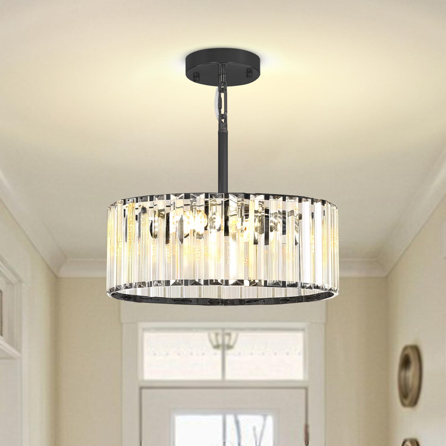 Dia 12" Crystal Chandelier, Semi Flush Mount Ceiling Chandelier, Black Round Hanging Lighting Fixture for Kitchen Bedroom Hallway Entryway Laundry Room