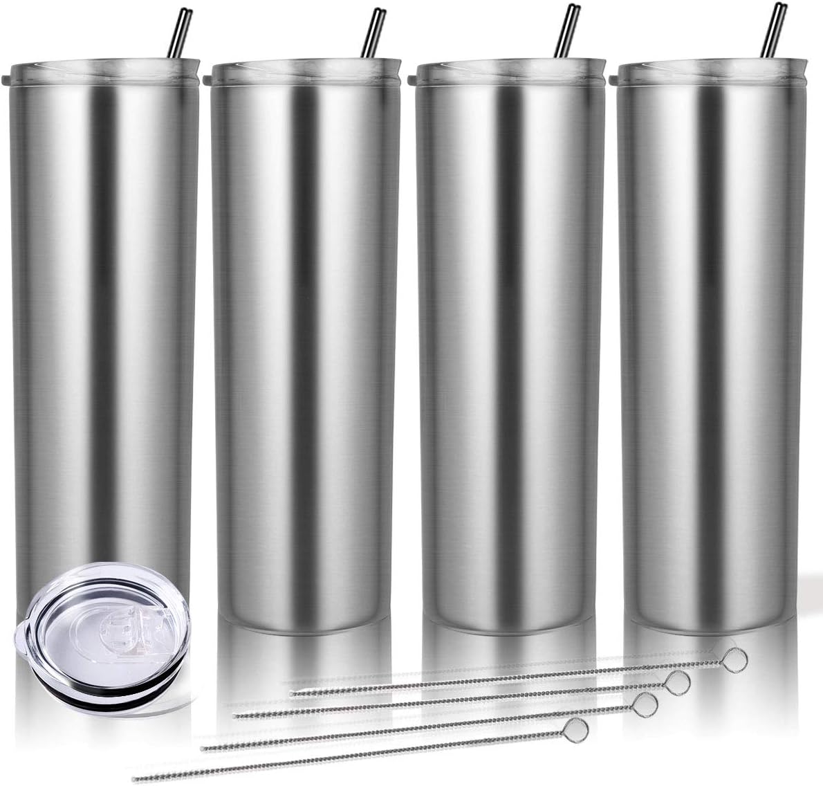 ZONEGRACE 4 Pack Stainless Steel Silver Skinny Tumbler with straw,20 oz Stainless Steel Double-Insulated slim Water Tumbler Cup With Lid and Straw Vacuum Travel Mug Gift for Men and Women