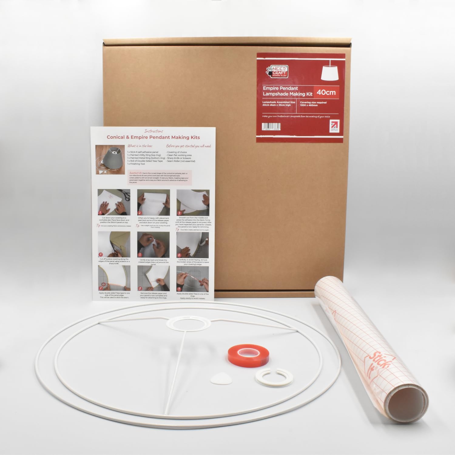 Empire Pendant Light Lampshade Making Kit - Tapered Circle Shape DIY Ceiling Light Shade Made in The UK by Needcraft - Use with Fabric, Textile, Wallpaper of Choice (White, 40cm)