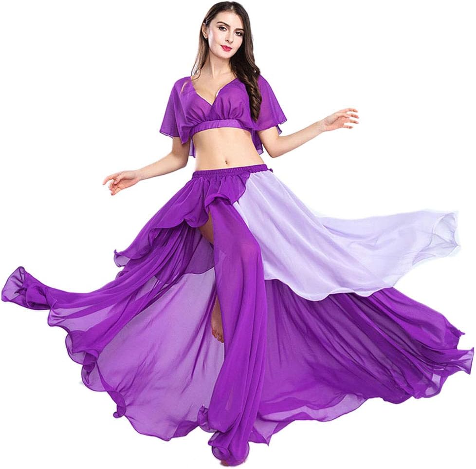 Belly Dance Top Skirt Sexy Belly Dance Costume Set for Women Chiffon Belly Dancing Outfit Tops and Skirt Suit Hit Color Patchwork Dancer Practice Clothes Training Dress Top Maxi Skirt