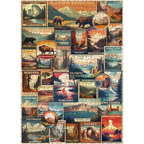 Vintage National Parks Puzzle for Adults 1000 Pieces, Travel Poster Landscape Puzzle Including Yellowstone Zion Acadia Yosemite, Nature Jigsaw Puzzles Scenery Mountain Scene