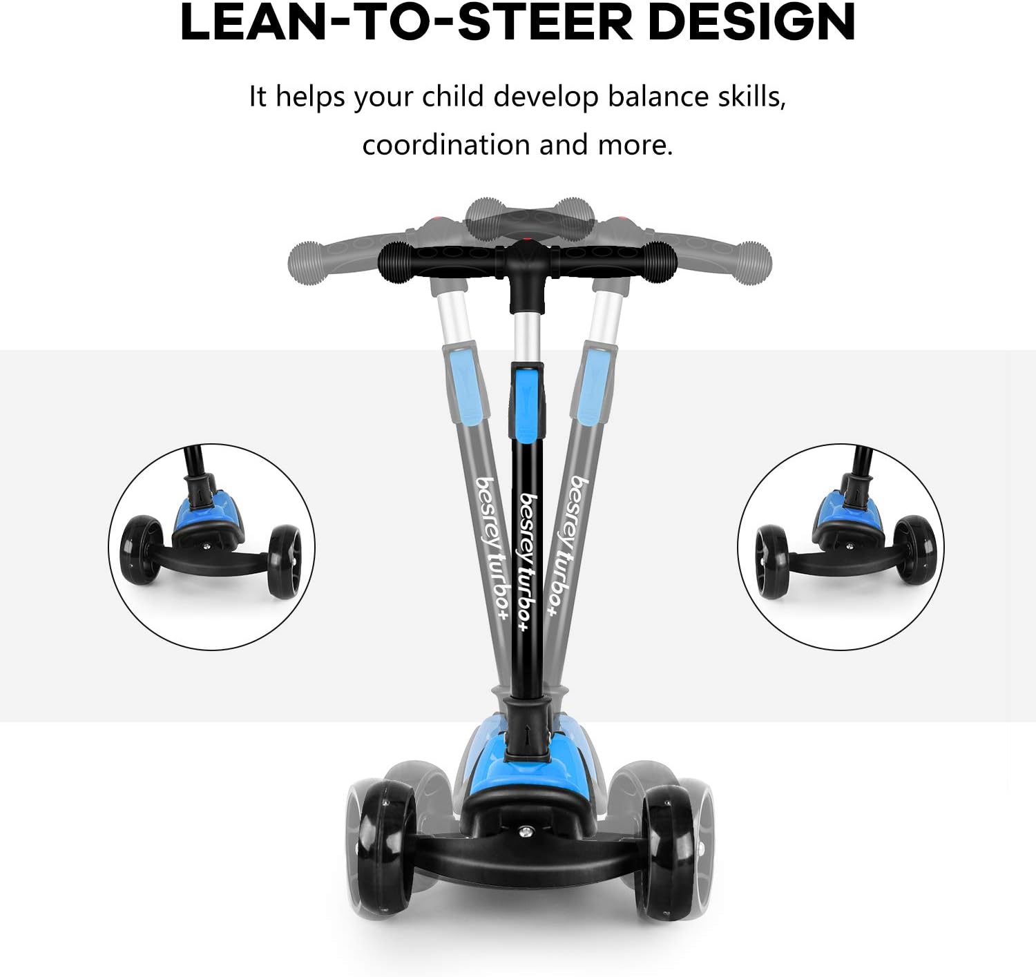 besrey Kids Scooter, Big Wheels Foldable Kick Scooter with Flashing LED Lights for Boys Girls 4 Levels Height Adjustable - Image 5