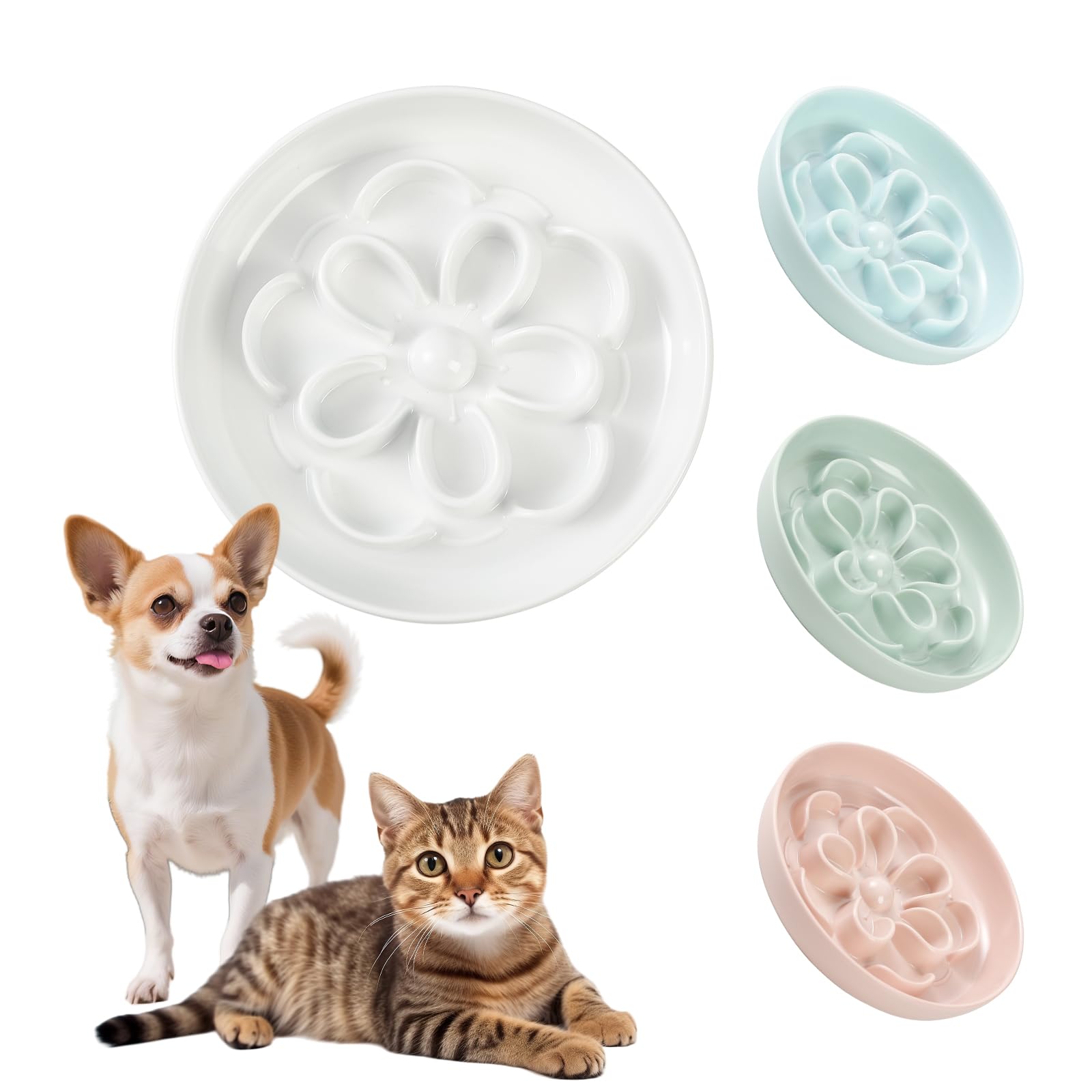 Melamine Cat Slow Feeder Bowl - Floral Maze Cat Food Dish - Flat Plate for Dry & Wet Food - Cute Kitten Bowl - Dishwasher Safe - 6.3'' W x 1'' H - 5.5