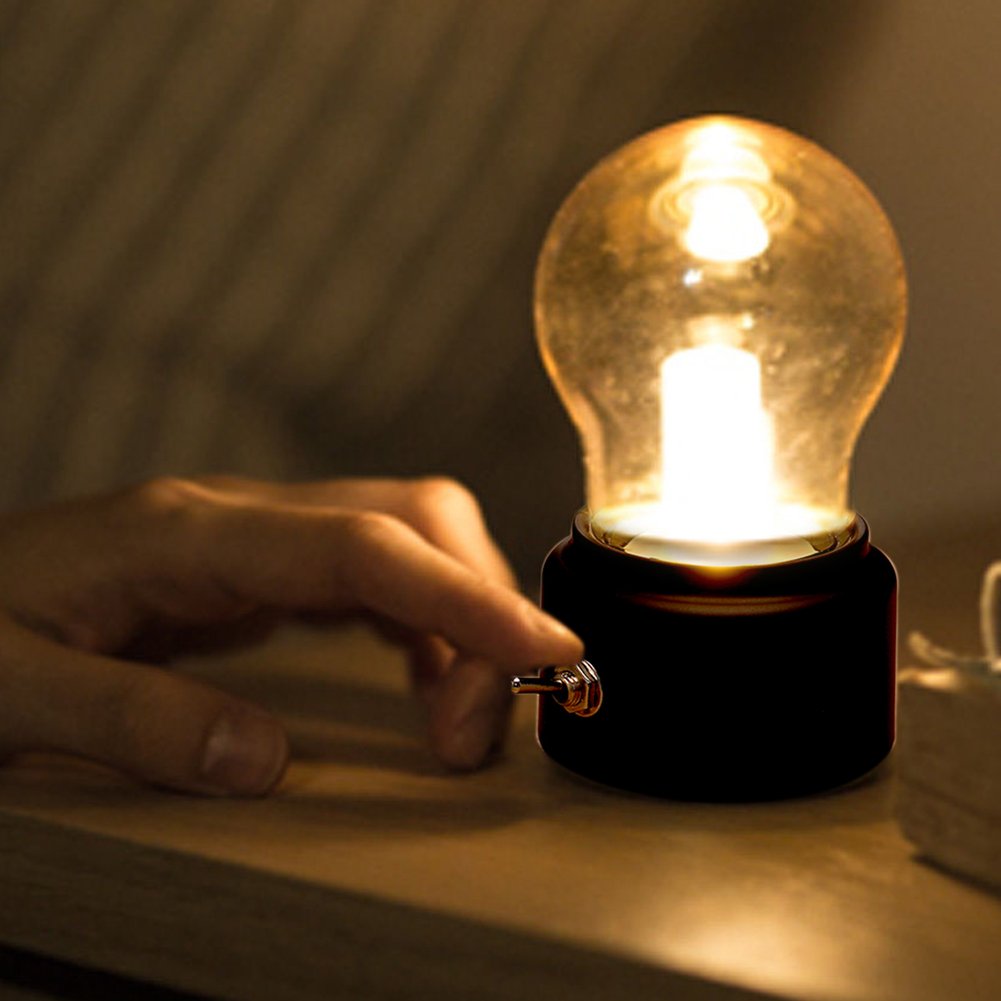 Retro LED Night Light, Edison Bulb Bedside lamp, Creative Vintage USB Rechargeable Bedside Desk Bulb Lamp(Black) - Image 3