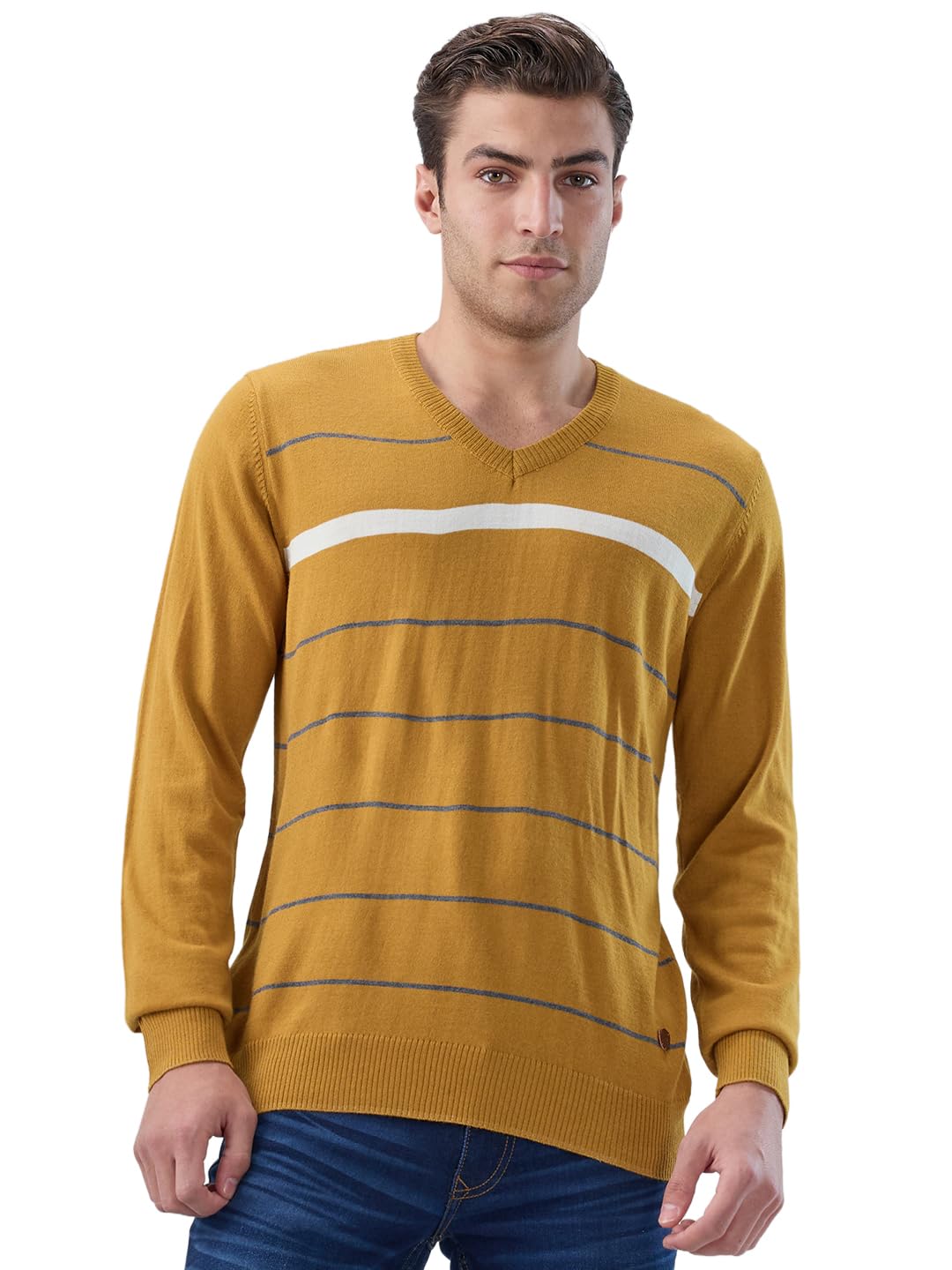 raymond Men Regular Fit Stripe Pattern Acrylic Wool Blend Full Sleeve V Neck Casual Sweater-picture-23