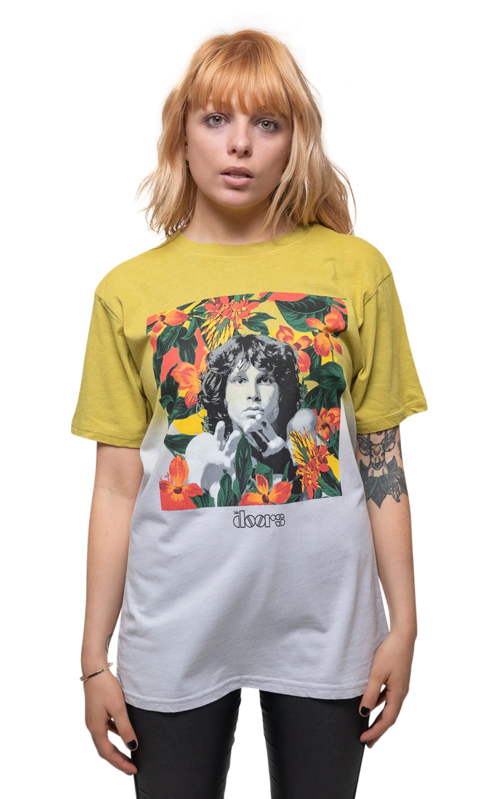 The Doors Unisex Yellow T Shirt Jim Morrison Floral Square Official Dye Wash Xxl