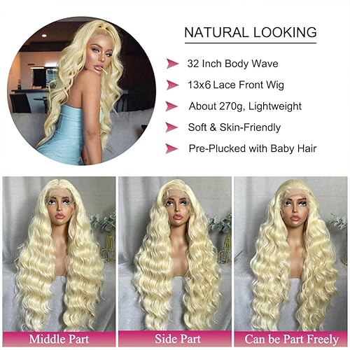 Miniatura 3 de SOKU Peluca de encaje frontal rubio 613 de 32 pulgadas, ondulado, 13 x 4, gran espacio de separación, peluca de encaje suizo transparente