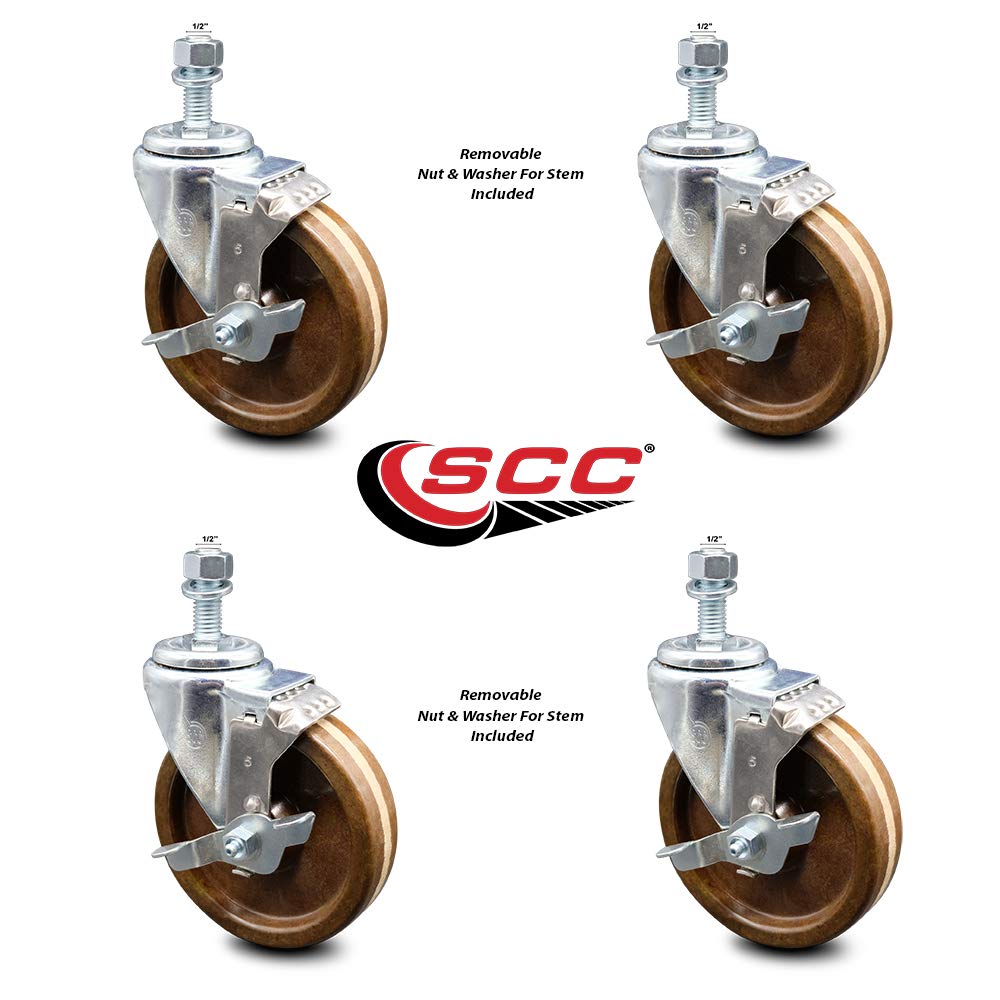 High Temperature Phenolic Swivel Threaded Stem Caster w/Roller Bearing Set of 4 w/5