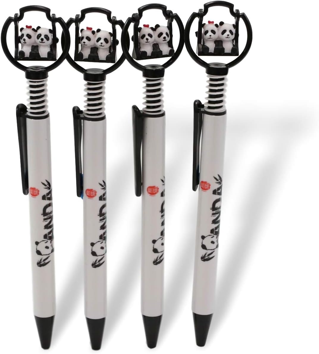 Ebros Gift Value Pack Animated Boy and Girl Panda Bear Cubs Sitting On Swing Spring Thrust Device Top White Ballpoint Ball Pens with Black Ink Novelty Giftware Pen Set Stationery School Supplies (4)