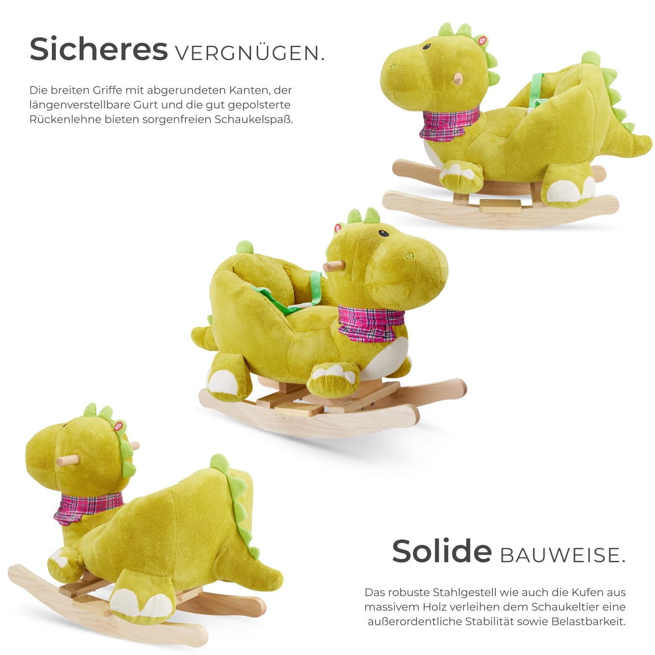 tectake® Schaukeltier mit Sicherheitsgurt und Soundeffekt, Schaukelpferd Baby ab 12 Monate, Baby Schaukel Indoor mit weichem Plüschbezug und Rückenlehne, breite Griffe - Dinosaurier