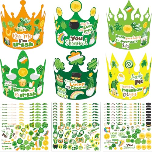 WorldBazaar St. Patricks Day Crown Crafts Kits for Kids 24 Pack Green Shamrock Clover Paper Hat with Stickers Lucky Irish Classroom Family Party Supplies