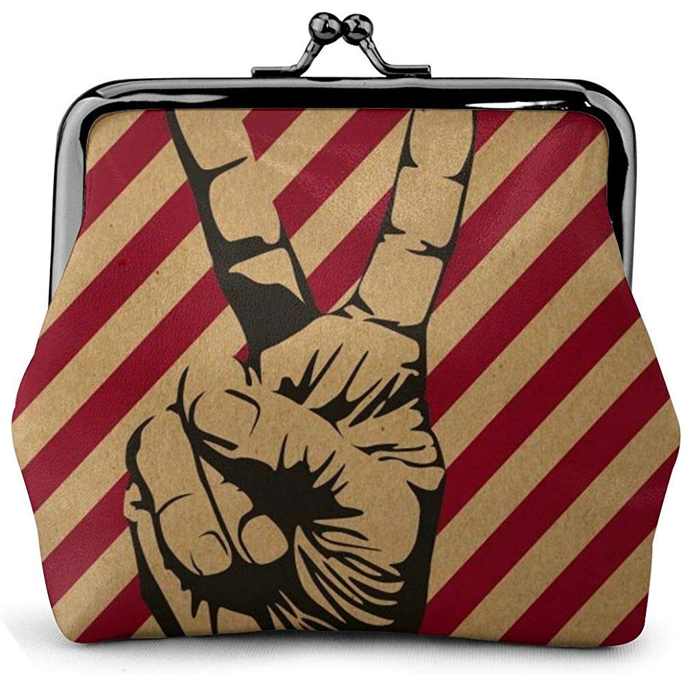 Peace Retro V Sign Victory Hand Finger Vintage Pouch Girl Kiss-Lock Change Purse Wallets Buckle Leather Coin Purses