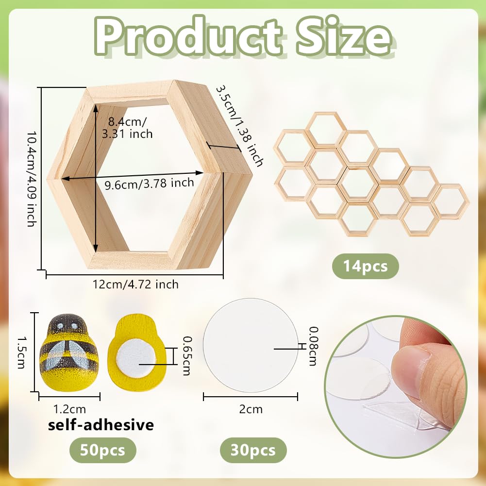 OLYCRAFT 14 soportes para cupcakes de nido de abeja hexagonales con 50 abejas pequeñas de madera y 30 pegatinas de doble cara para decoración de mesa, bodas, fiestas de cumpleaños