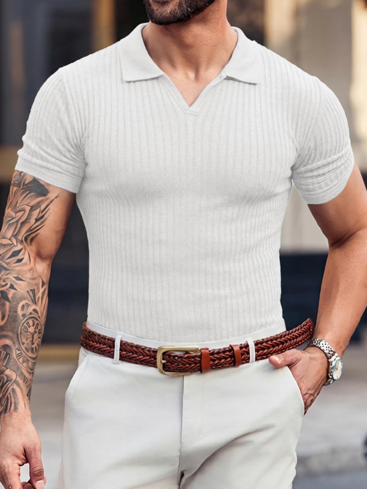 Runcati Męska koszulka polo z krótkim rękawem, dekolt w serek, z dzianiny, slim fit, na lato, jednokolorowa, do golfa, na czas wolny, rozciągliwa