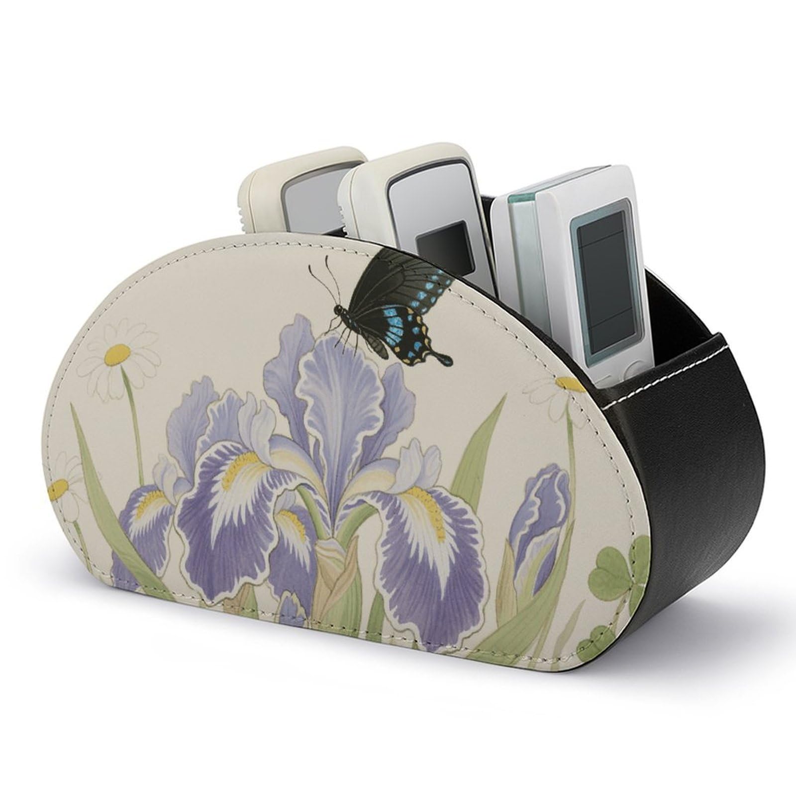 VstaDank - Butterfly Pattern PU Leather Stand Blue Wildflower Pattern Multifunctional Office Organizer Makeup Organizer Desk with 5 Compartments