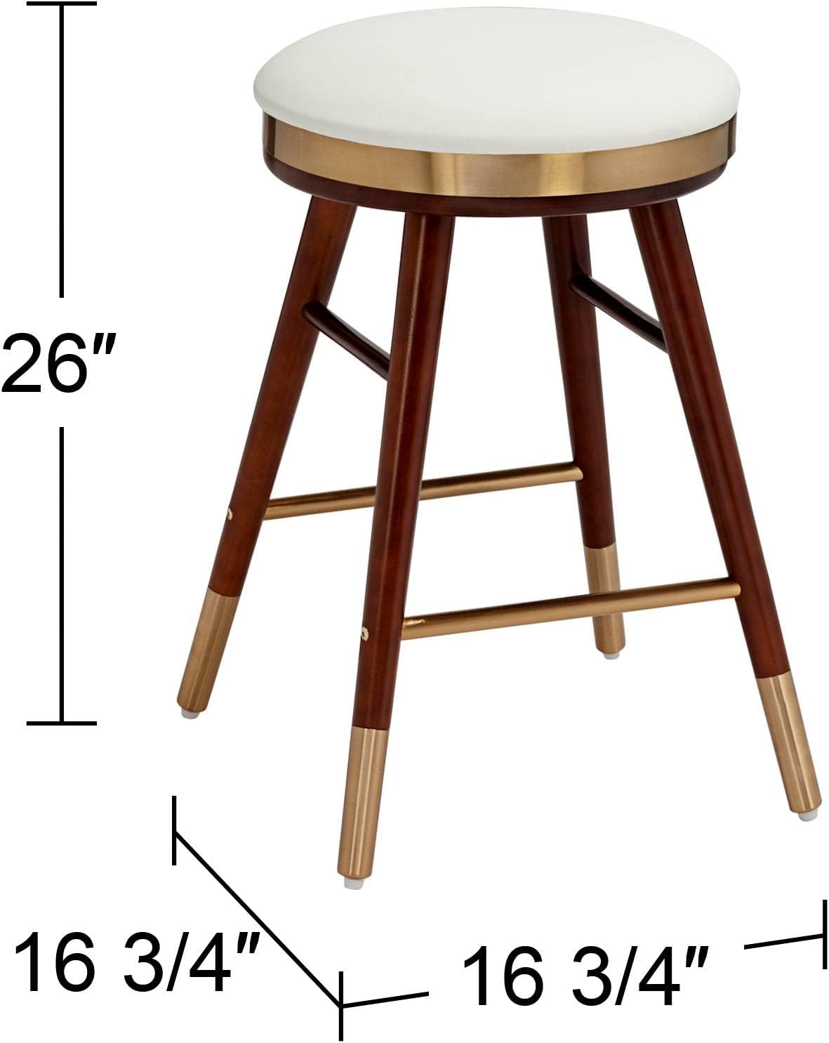 Studio 55D Parker Walnut Wood Metal Bar Stool Brown Gold 26" High Modern White Genuine Leather Upholstered Round Seat Cushion with Footrest for Kitchen Counter Height Island Home Shed