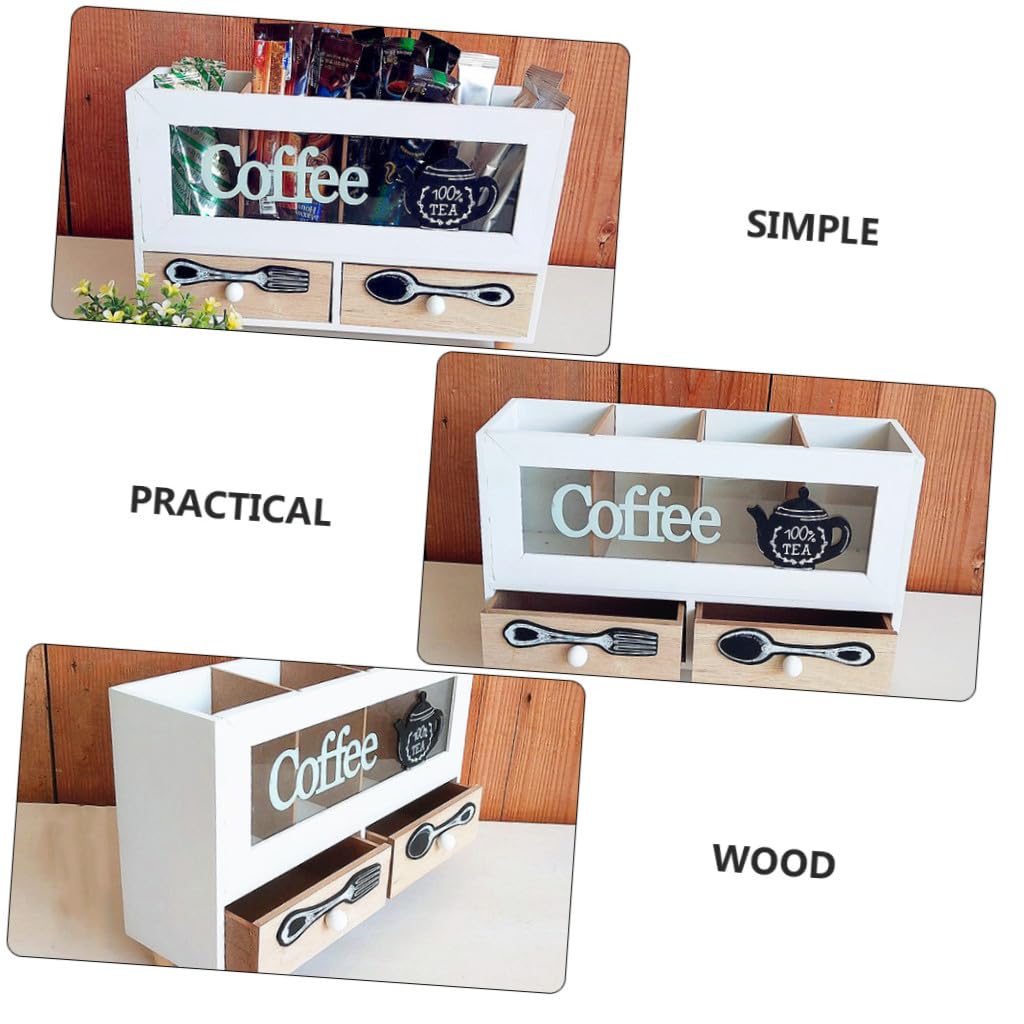 Angoily Zweilagige Kaffeebox mit Schublade und Sichtfenster Retro Aufbewahrungsbox für Geschirr Desktop Organizer für Tee und Kaffee Zubehör Weiß