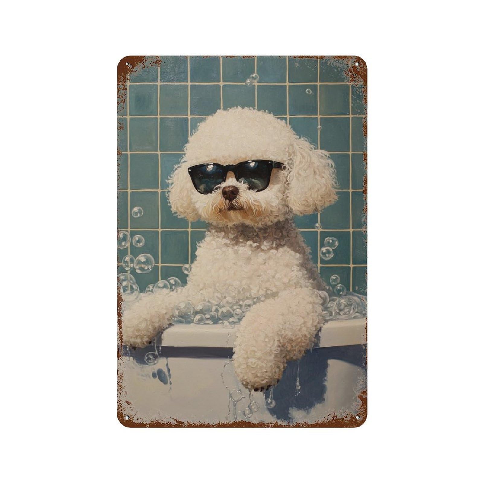 Poodle in Bathtub with Sunglasses-1 11.8"x7.9" Retro Metal Sign, Old School Wall Decor for Office, Studio And Wall Decor