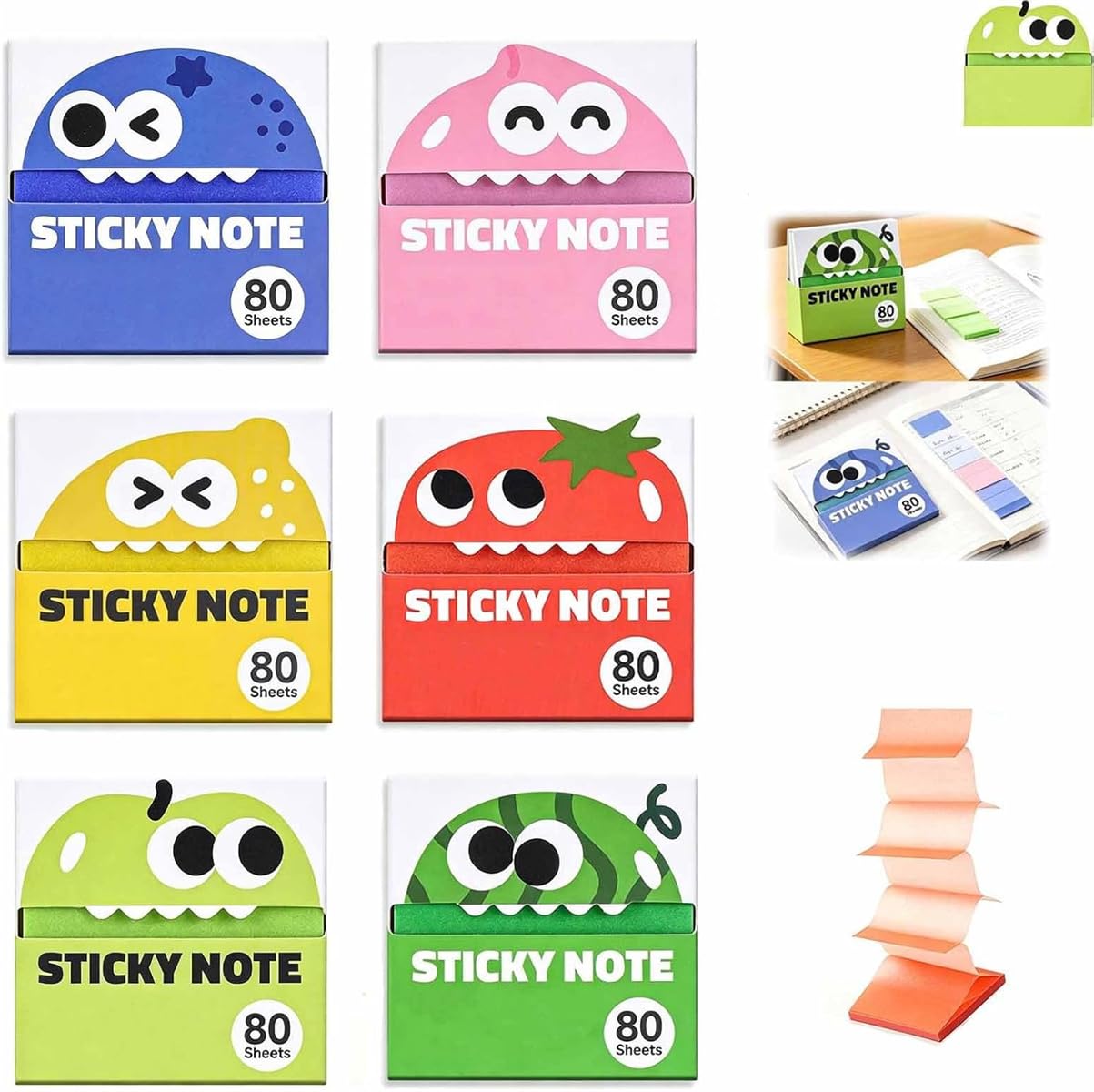Cute Fruit Monster Pop-Up Sticky Notes Dispenser, Transparent Translucent Magic Stationery Index Tabs, Reusable Office Memo Pull Out Separator, Fun Desk Essential (6 Pcs)