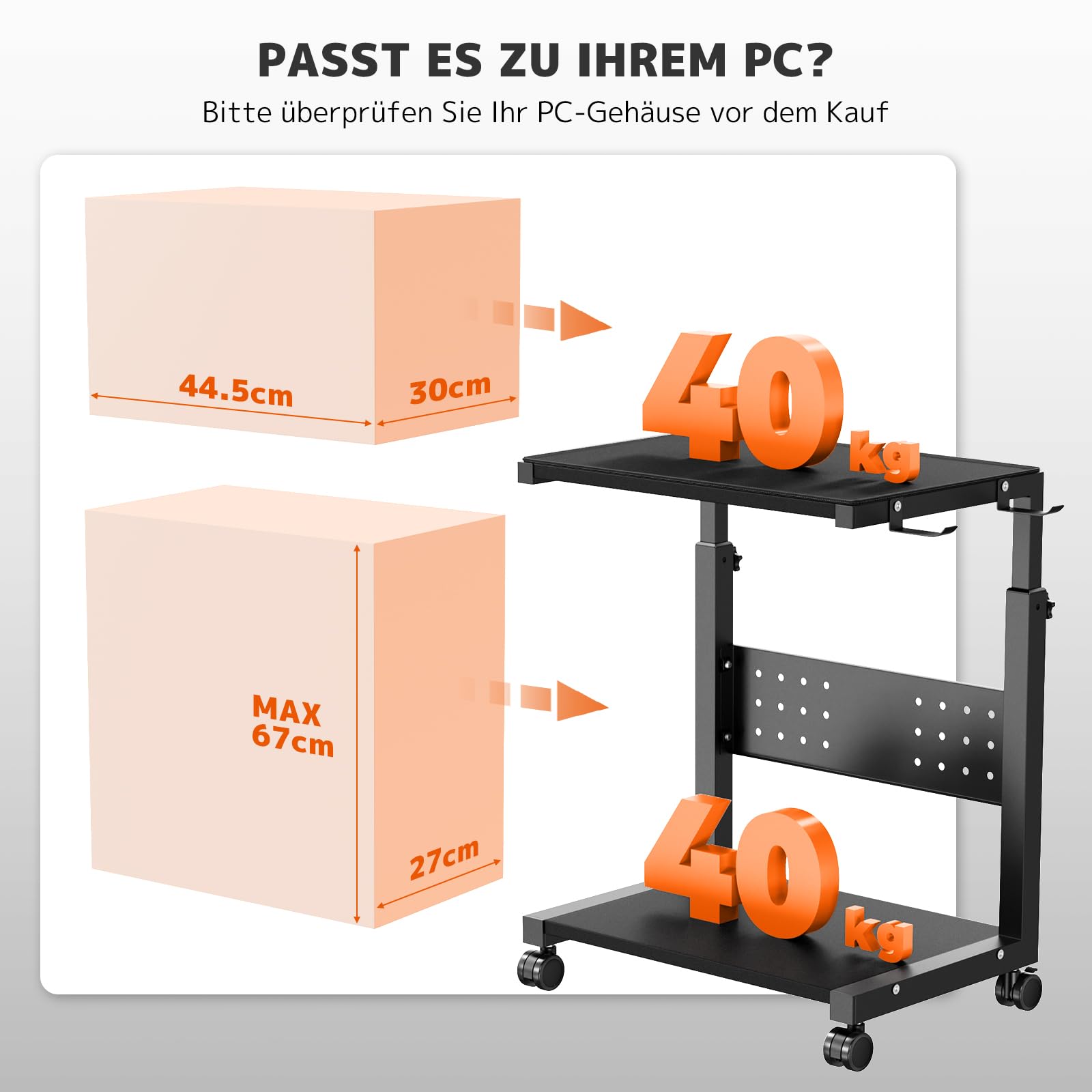 PUTORSEN Höhenverstellbarer PC Tower Ständer mit 2 Ebenen,Computer Tower Ständer mit Rollen und Maus Pad,PC Halterung unter Schreibtisch,ATX-Gehäuse bis 40kg/Ebene,Druckerständer für Heimbüro,Schwarz