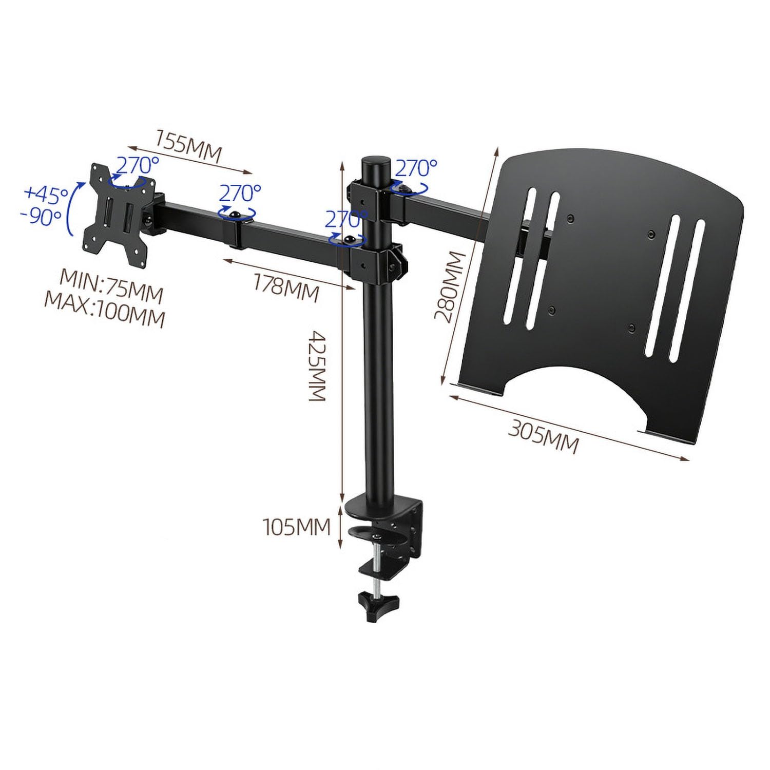 Supporto da scrivania VESA 2 in 1 per monitor e laptop, braccio regolabile | Vassoio Ventilato per Notebook Max 17 a 32" Computer 22 Nero