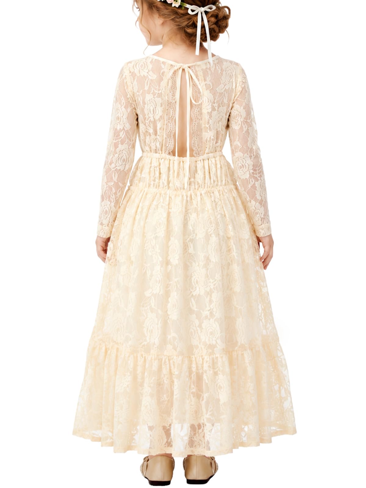 ALLOVIN Abito da Damigella in Pizzo a Maniche Lunghe per Pasqua per Bambine e Ragazze, Matrimonio, Battesimo, Prima Comunione, Maxi Boho Linea A 3-12 Anni