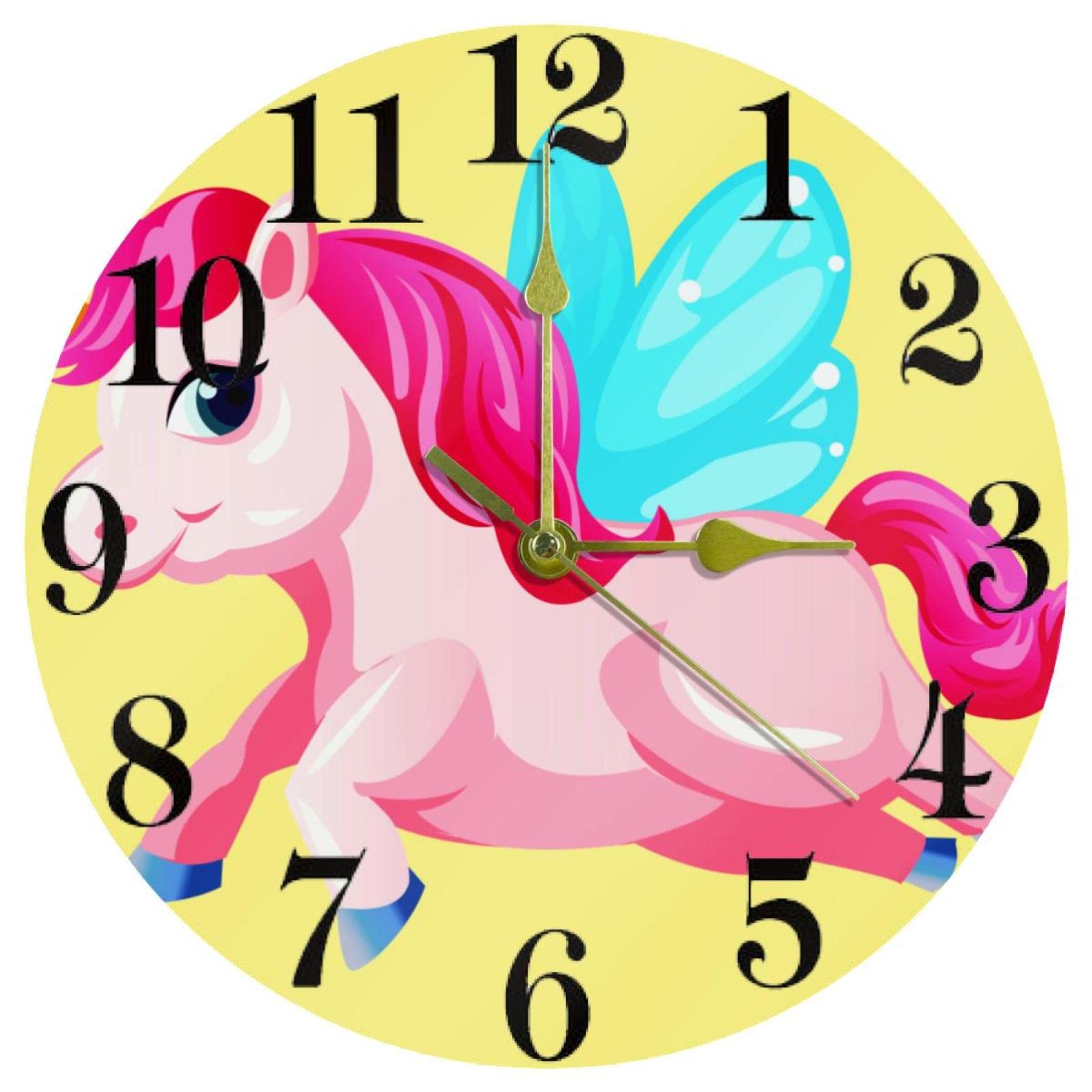 Horloge jaune licorne pour cuisine et école, décoration murale colorée 25,4 cm