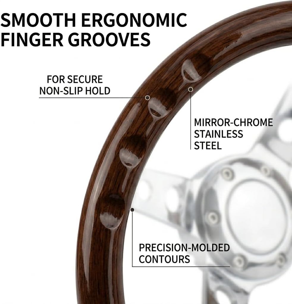 15" Solid Wood Grain Steering Wheel 380mm Universal 3 Spoke Aluminum Chrome Plated Steering Wheel with Horn button for Car Truck Boat (Round Hole)
