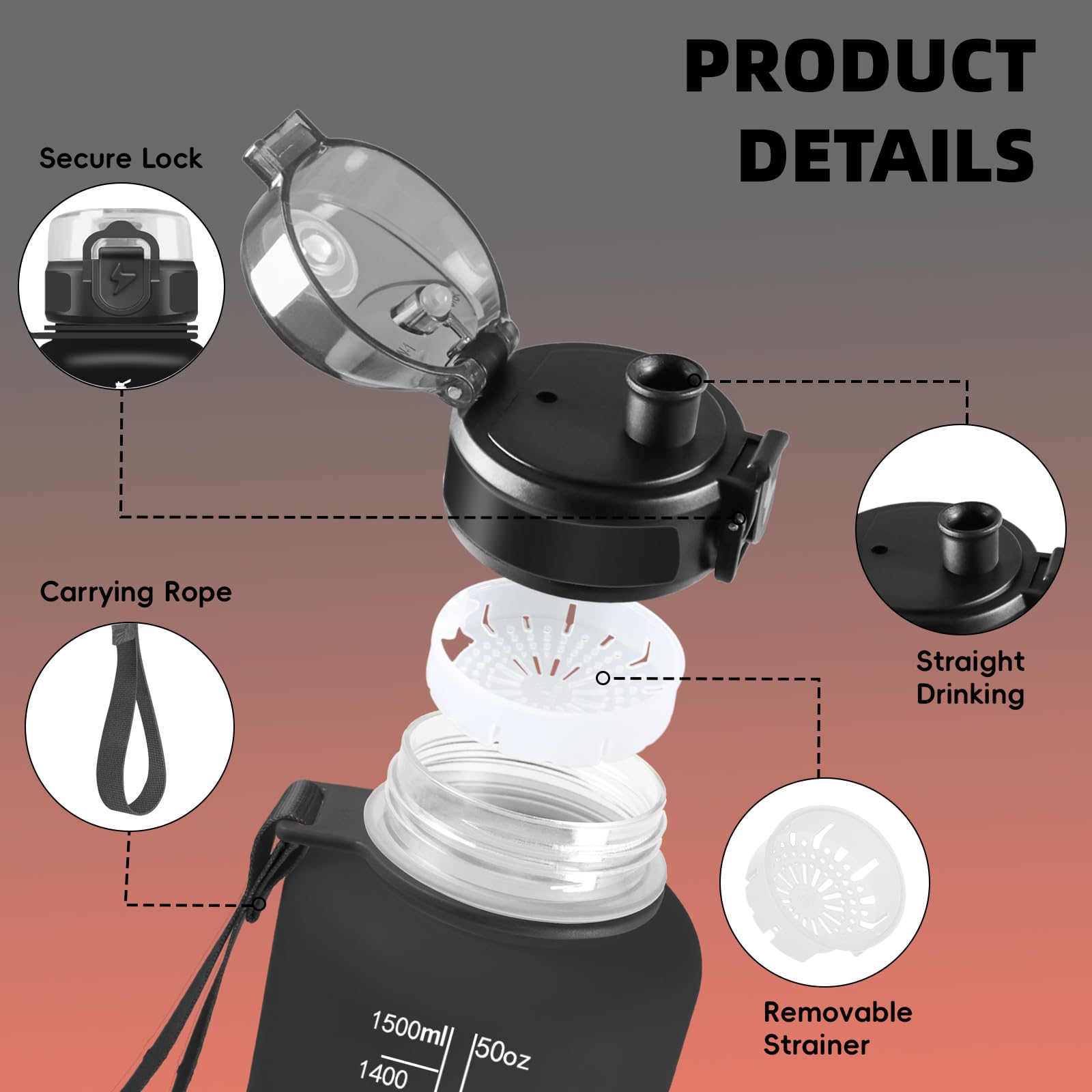 Grsta Gourde 1,5l, Anti Fuite Gourde Sport, Avec Marqueur de Temps, Gourdes Graduée pour 1 Journee, Verrou de Sécurité, Bouteille Motivation avec Filtre pour Plein Air, Velo, Camping - 3