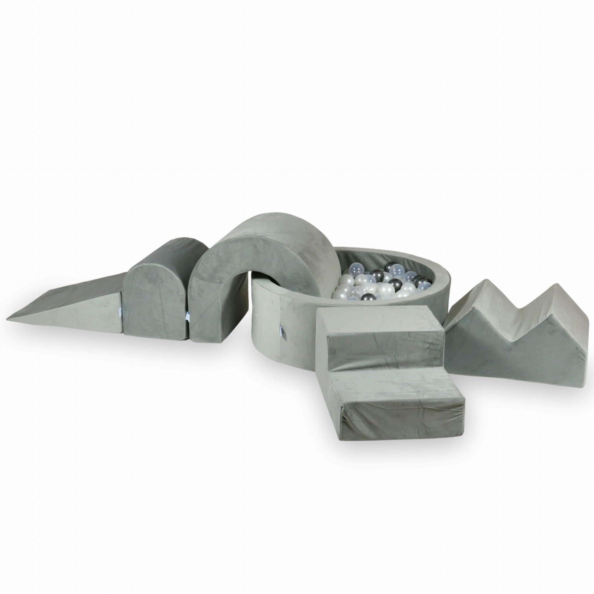 Mimii Parco giochi in schiuma con piscina di palline rotonda, 90 x 30 cm, velluto grigio, grandi mattoncini per gattonare e arrampicarsi (200 palline: trasparente/perla/grafite metallizzato)