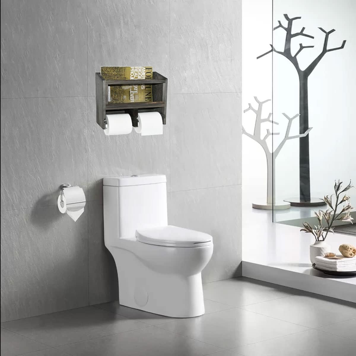 OwlGift Vintage Gray Solid Wood & Metal Mesh Wall Mounted Dual Toilet Paper Roll Dispenser & Magazine Holder Basket