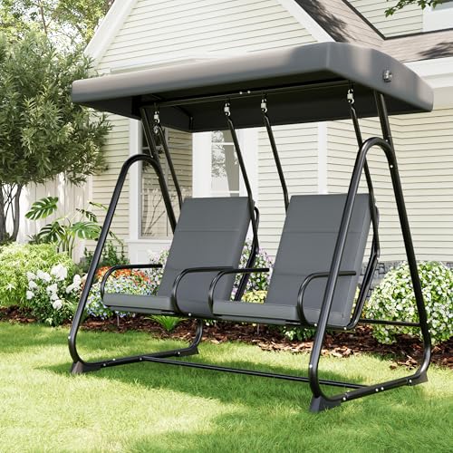Image of GarveeLife 2 Person Porch Swing Chair, Heavy Duty Outdoor Patio Swing Glider with Adjustable Canopy & Removable Cushions, Independent Swing Chairs for Garden, Balcony, Poolside, Backyard, Dark Grey