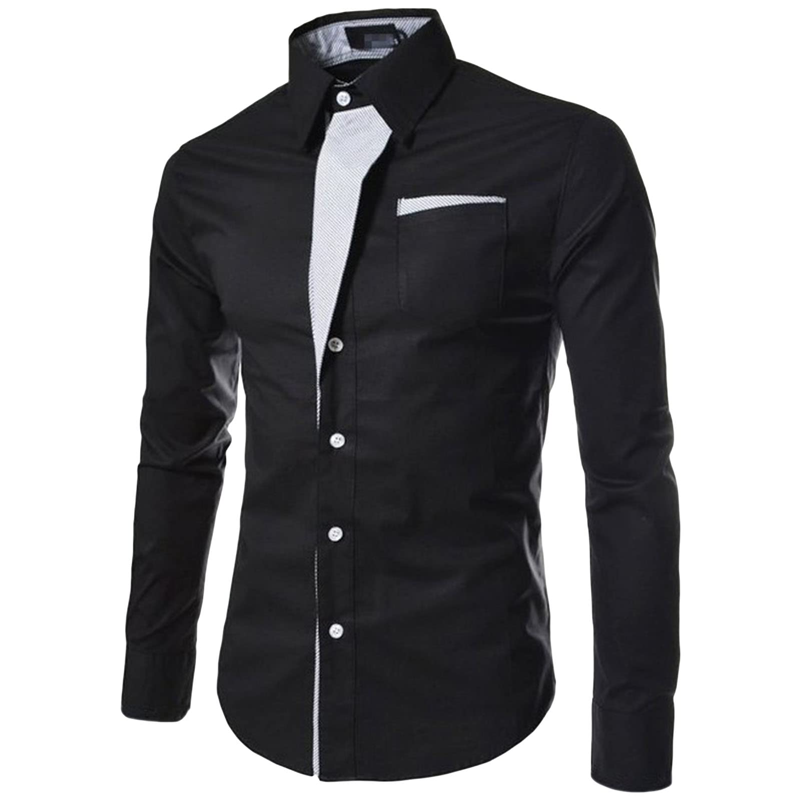 Mens Long Sleeve Stylish Dress Shirts Patchwork Casual Button Down Shirts Turn-Down Collar Shirt Top with Pockets (Black,Medium)