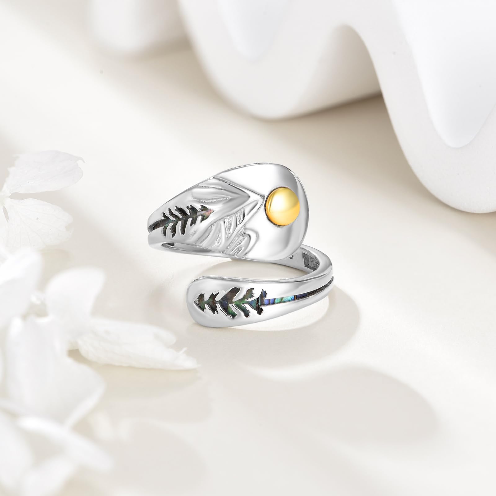 VONALA Anillo de cuchara de plata de ley 925 con concha de abulón vintage, anillo abierto ajustable, regalo para la familia