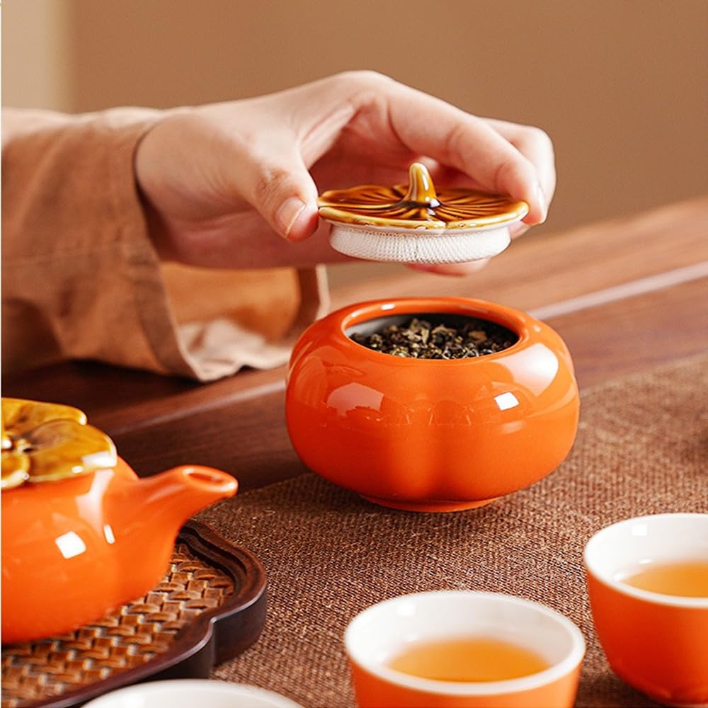 ZPGXLRZ Portable Gongfu Ceramic Tea Set - Beautiful Persimmon-Shaped Chinese Tea Set with Teapot, Tea Can & 2 Cups, Gift Boxed