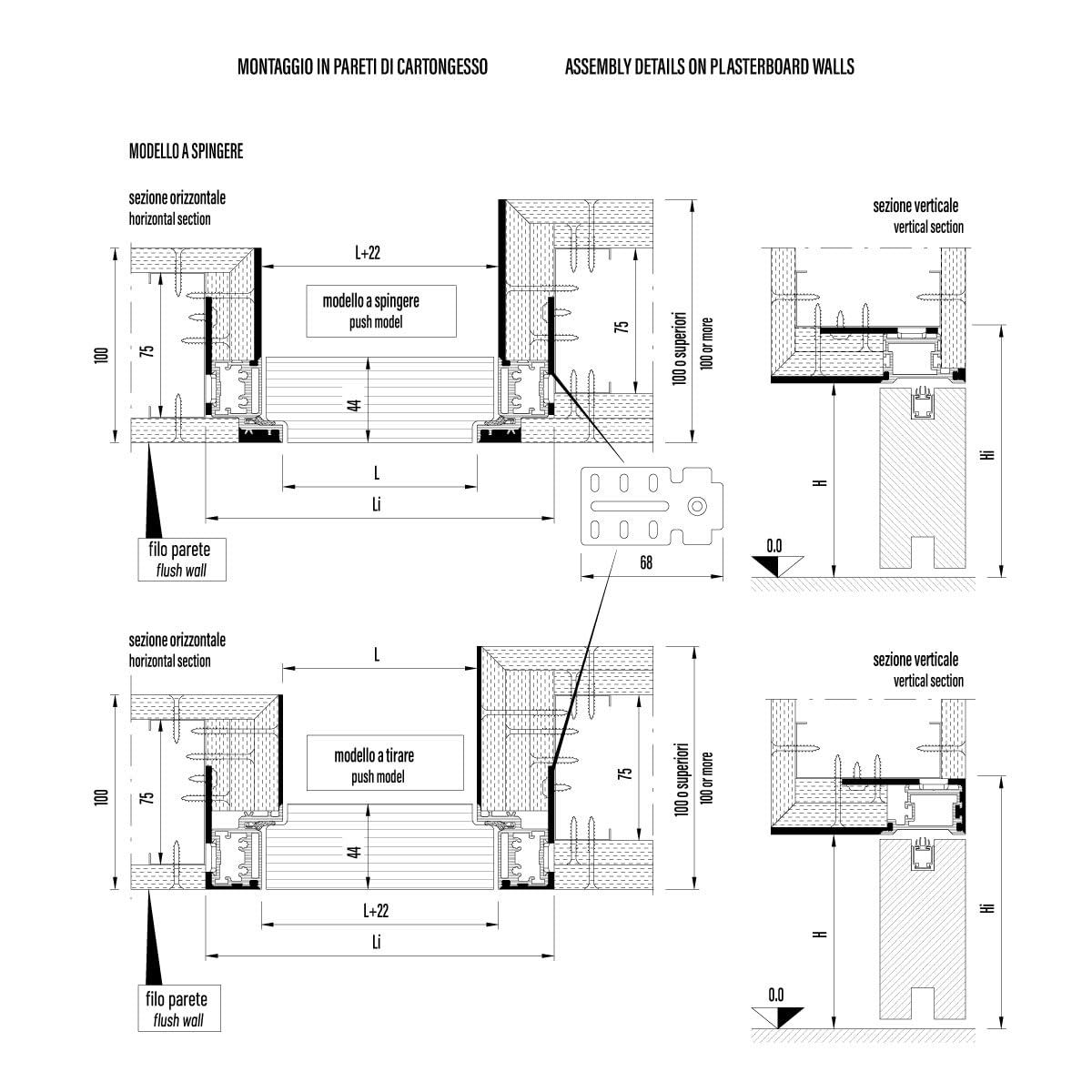 Filo44 - Portacables de pared batiente, reversible, se puede pintar, marco de aluminio para paredes de mampostería y cartón yeso, altura: 210 cm (blanco se puede pintar, 70 x 210 cm)
