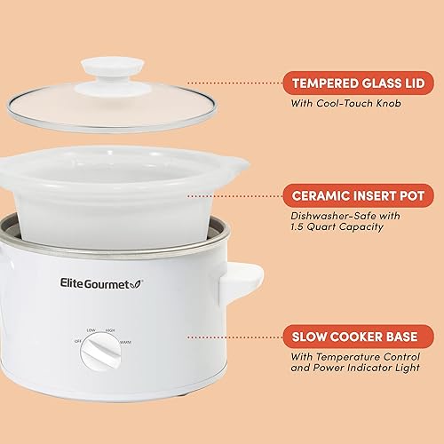Miniatura 6 de Elite Gourmet MST-250XW - Olla de cerámica eléctrica de 15 cuartos de galón color blanco  Elite Gourmet MST-250XS olla de cocción lenta de 15