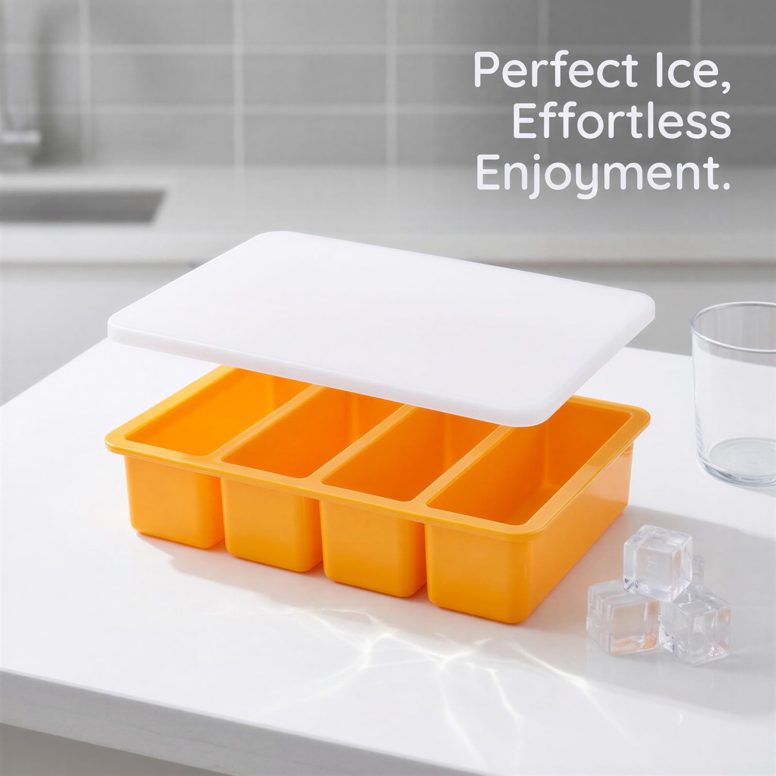 Lot de 2 moules à glaçons longs en silicone à 4 cavités avec couvercle, pour un démoulage facile, parfait pour whisky, usage domestique et professionnel, réutilisable, orange