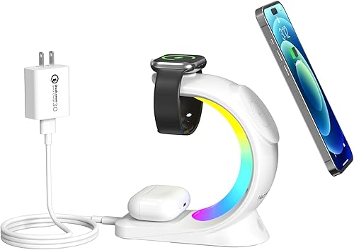 Cargador inalámbrico 3 en 1, con 6 modos de luz colorida para soporte de escritorio, estación de carga inalámbrica MagSafe rápida para iPhone 15 14