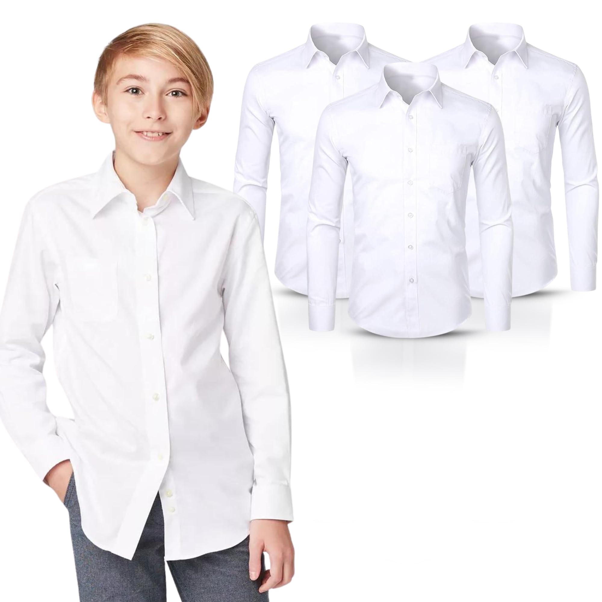 22 Yards Pro 3 Pack Full-Sleeve Shirt, School Shirts Boys (11-17.5) - Classic Regular Fit, Button-Down, Easy Iron
