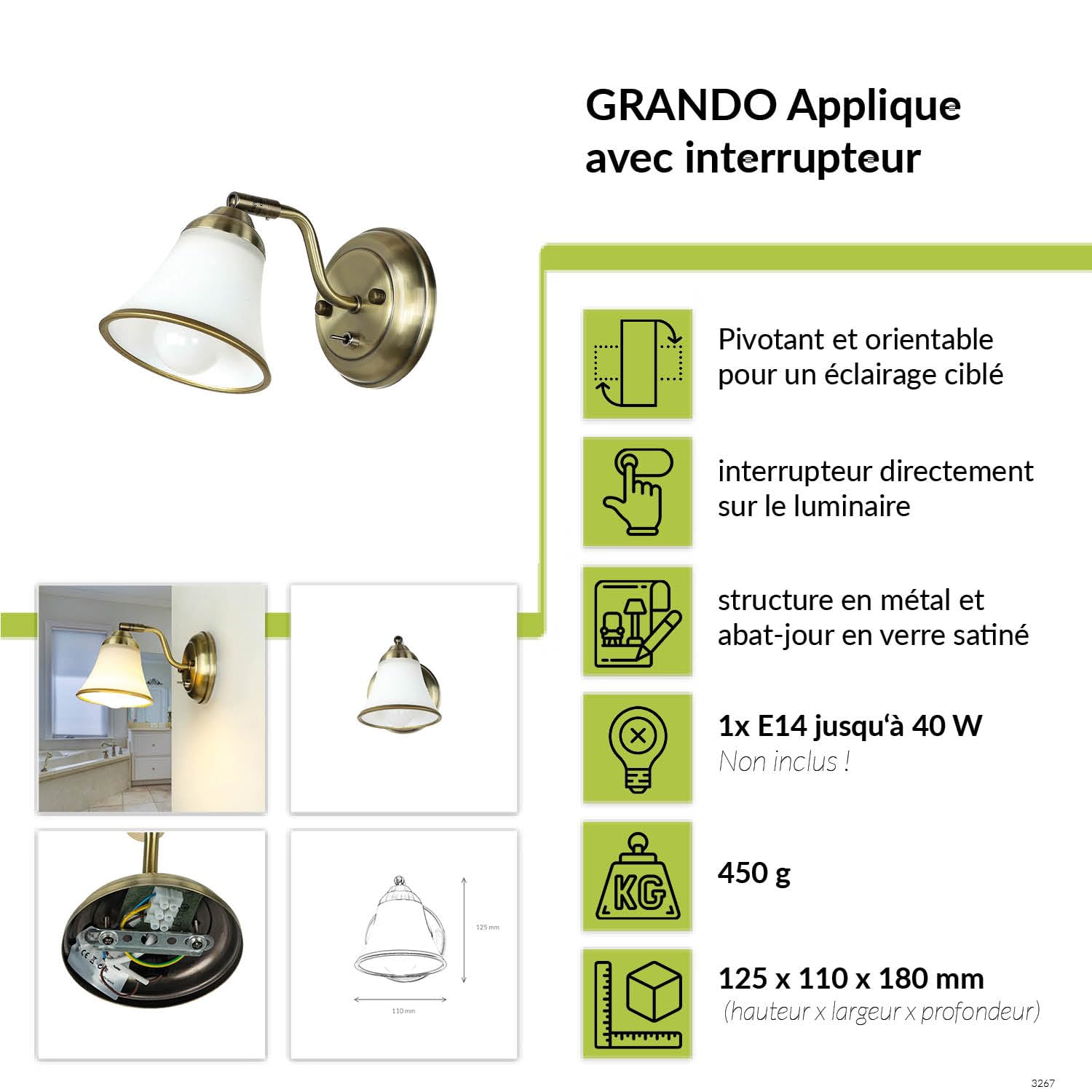Applique salle de bain réglable bronze E14 orientable faible éblouissement verre art nouveau