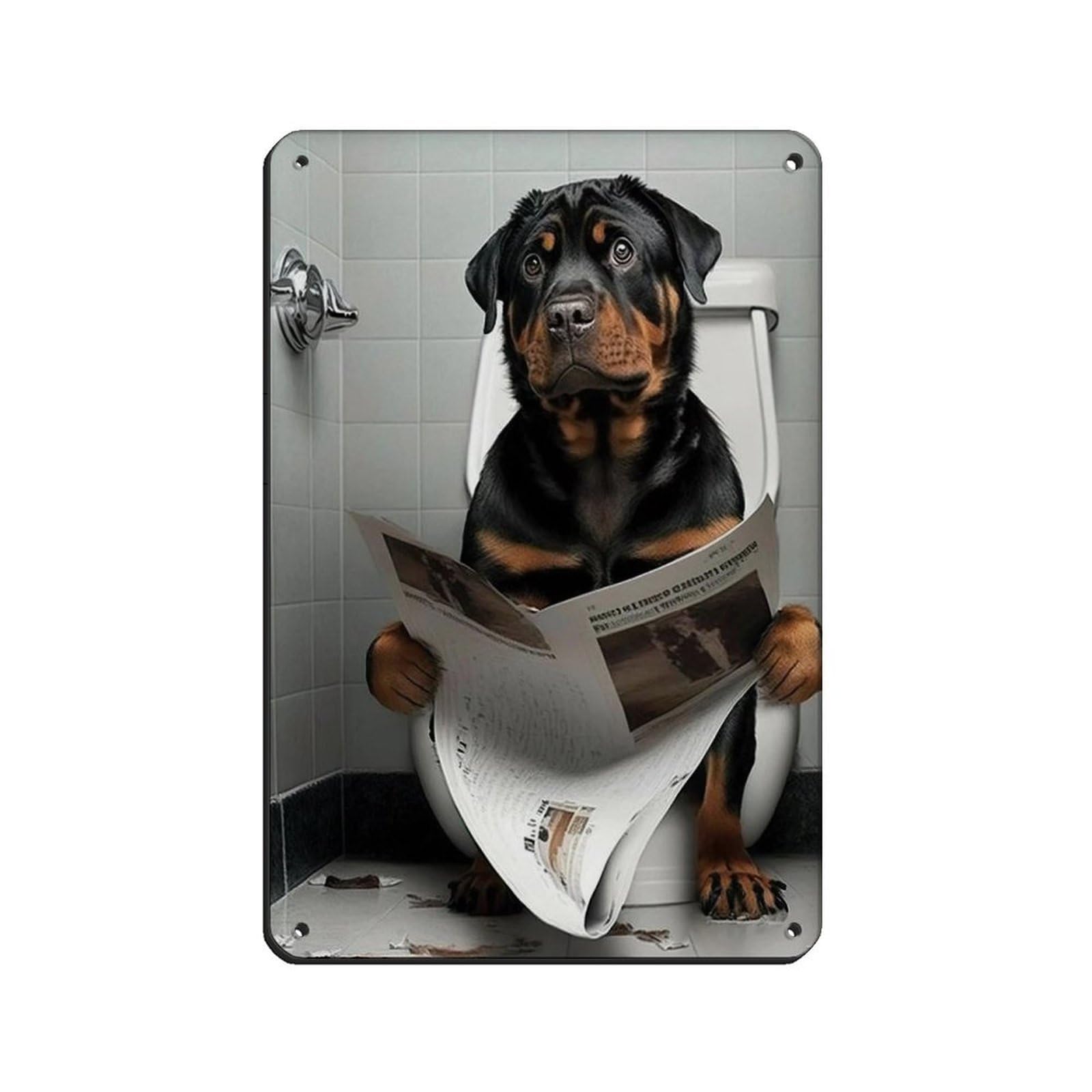 Rottweiler Sitting on The Toilet Reading A Newspaper Tin Sign Vintage Metal Pub Club Cafe Bar Home Wall Art Decoration Poster Retro 8x12inch(20x30cm)