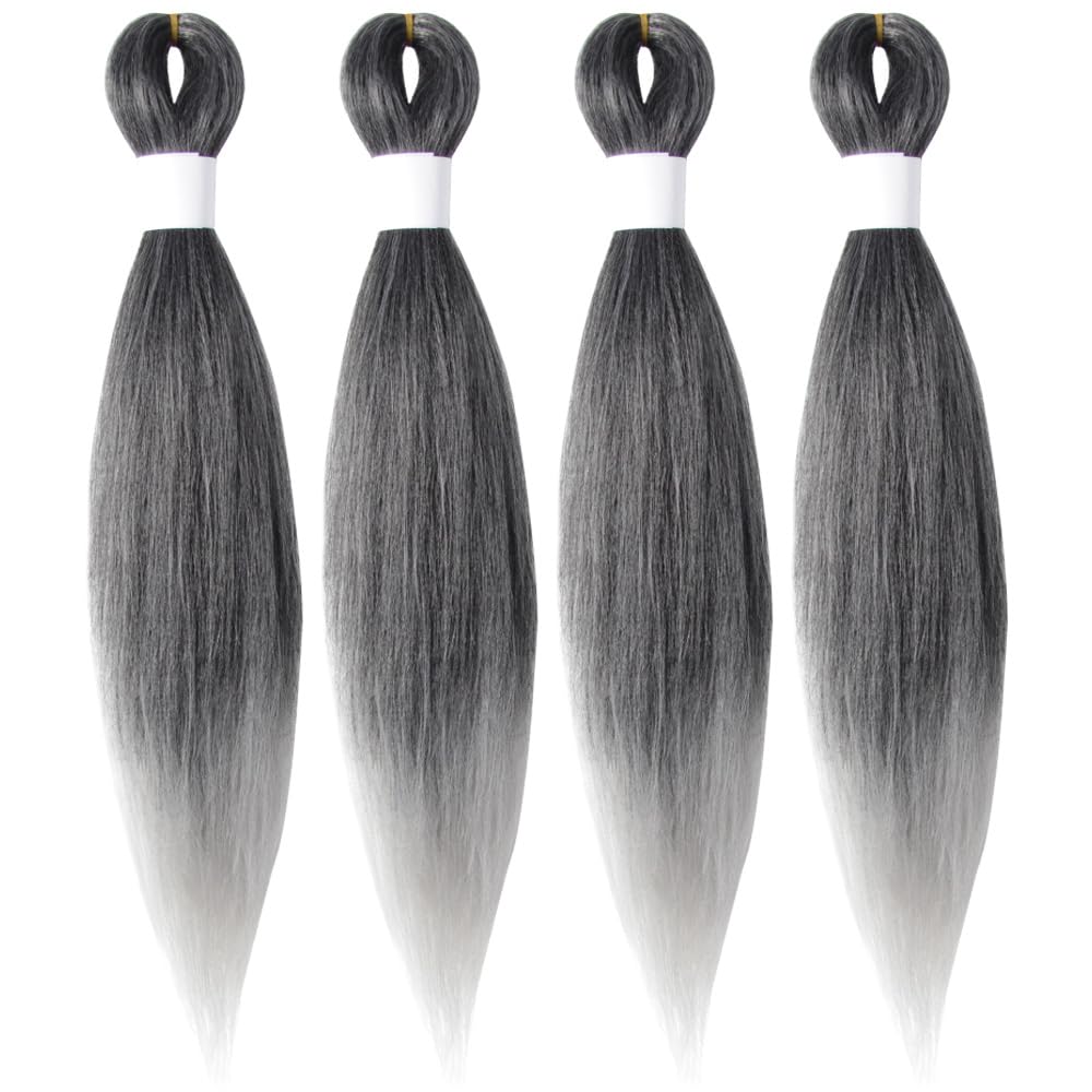 braiding hair pre stretched 14 inch 4 packs, short hair extensions for braids, synthetic braiding hair prestretched tgrey(ombre grey)