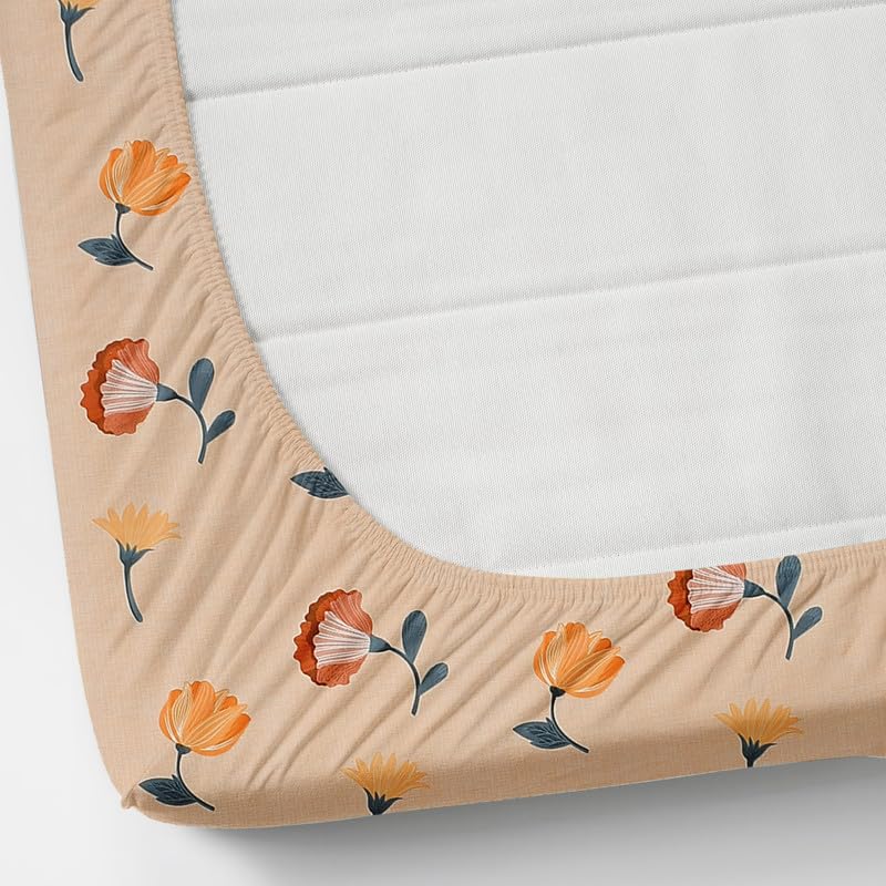 Image of NEW LEAF Premium Cotton Elastic Fitted Bedsheets with 1 Pillow Covers |Printed Single Bed Elastic 220 TC Supersoft Breathable & Wrinklefree | for 72x36+6 Inches, Almond Green