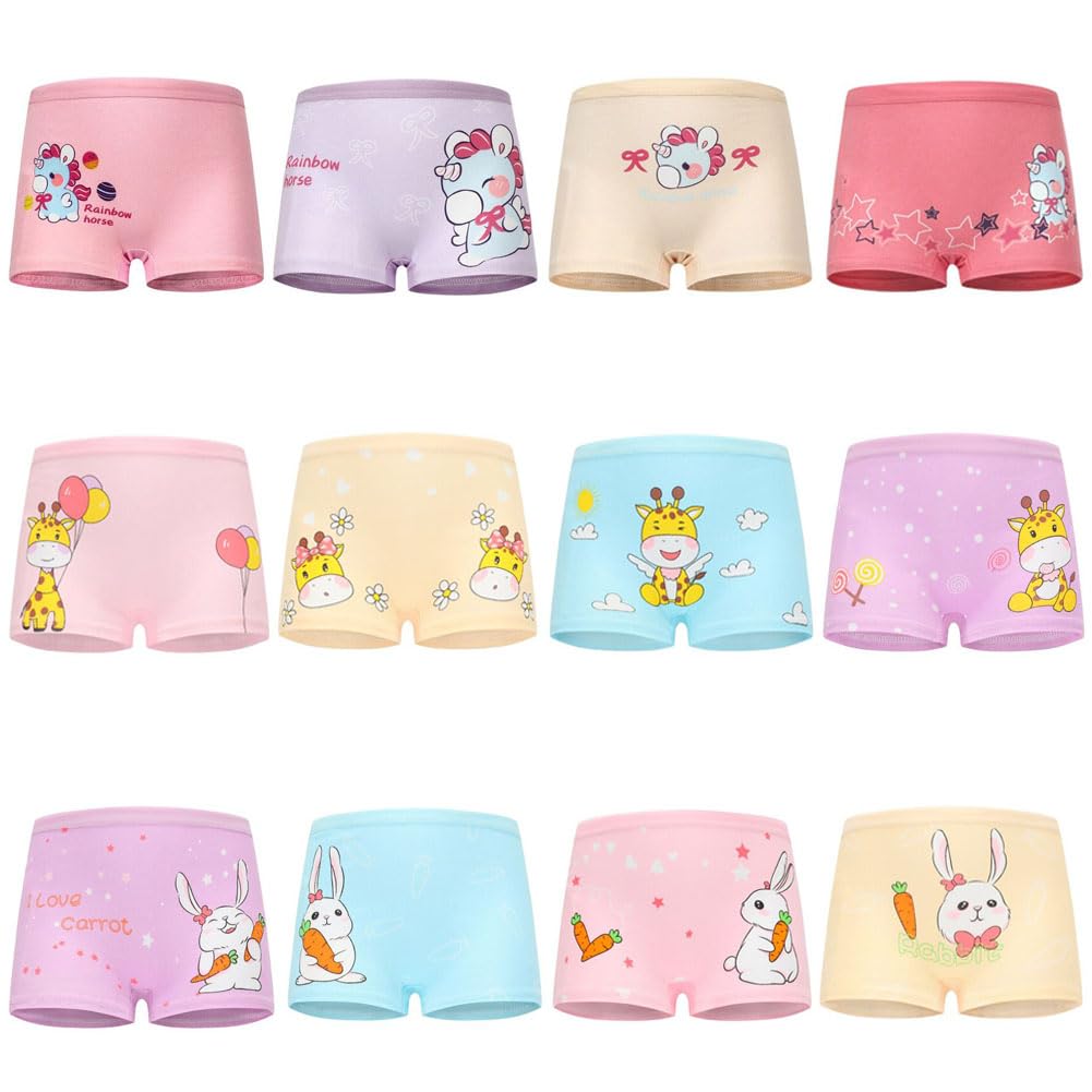 FedMois Girls Knickers Cotton Boxer Briefs Underpants Underwear (Pack of 12), Unicorn, Rabbit and Giraffe, 3-5 Years