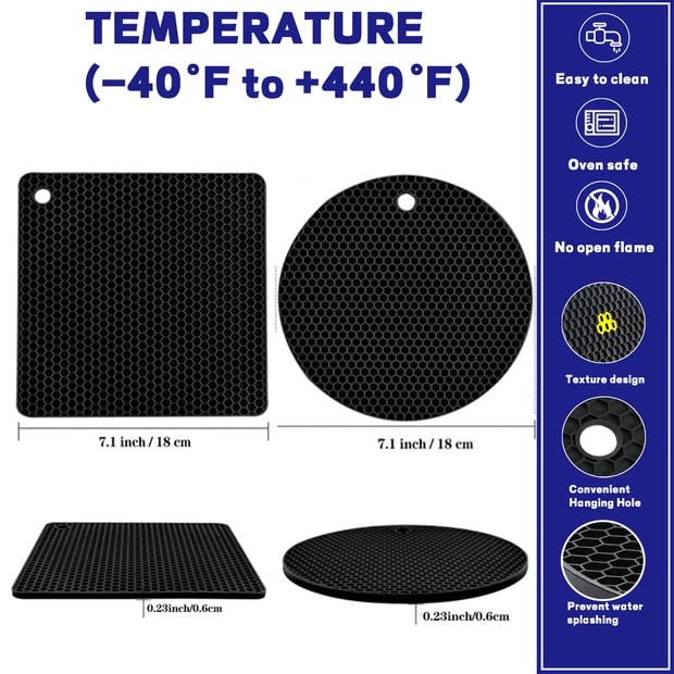 Silicone Trivet Mats, Pot Holders for Hot Dishes Heat Resistant and Anti Slip, Easy to Wash and Dry, 6 Pack Black (3 Squared + 3 Round Mats)
