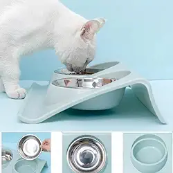 Comedouro Duplo elevado Para Pet Gatos E Cães Pequenos Tigelas Inox Bebedouro Filhotes (Azul)