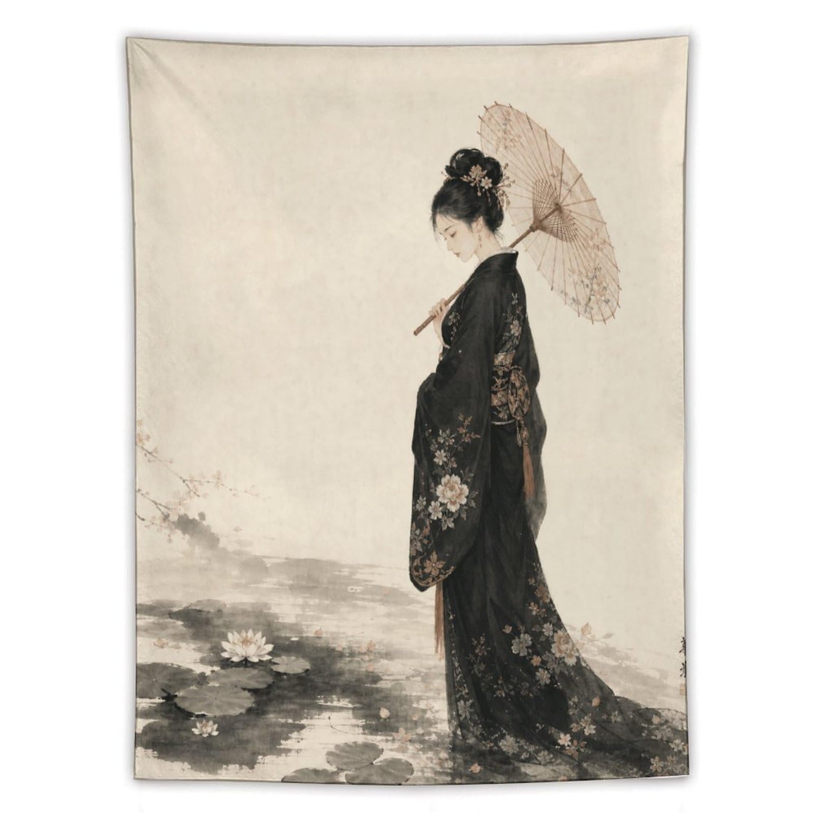 H3B8U2Y5 Woman with Parasol Wall Tapestry, Ukiyo-e Style, Apartment