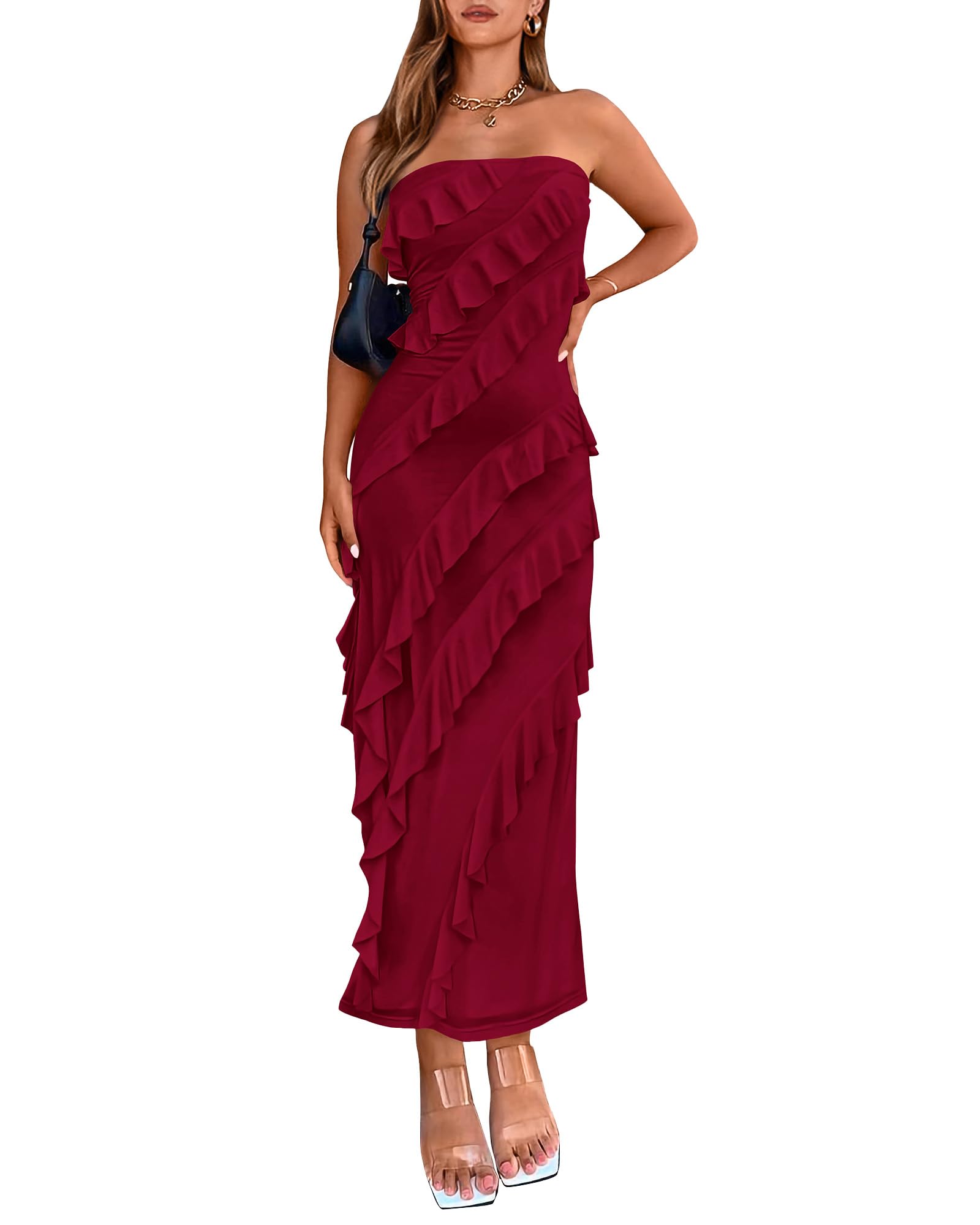 BTFBM Women Summer Elegant Strapless Midi Ruched Bodycon Dress Solid Color Stretch Mesh Slim Party Cocktail Dresses