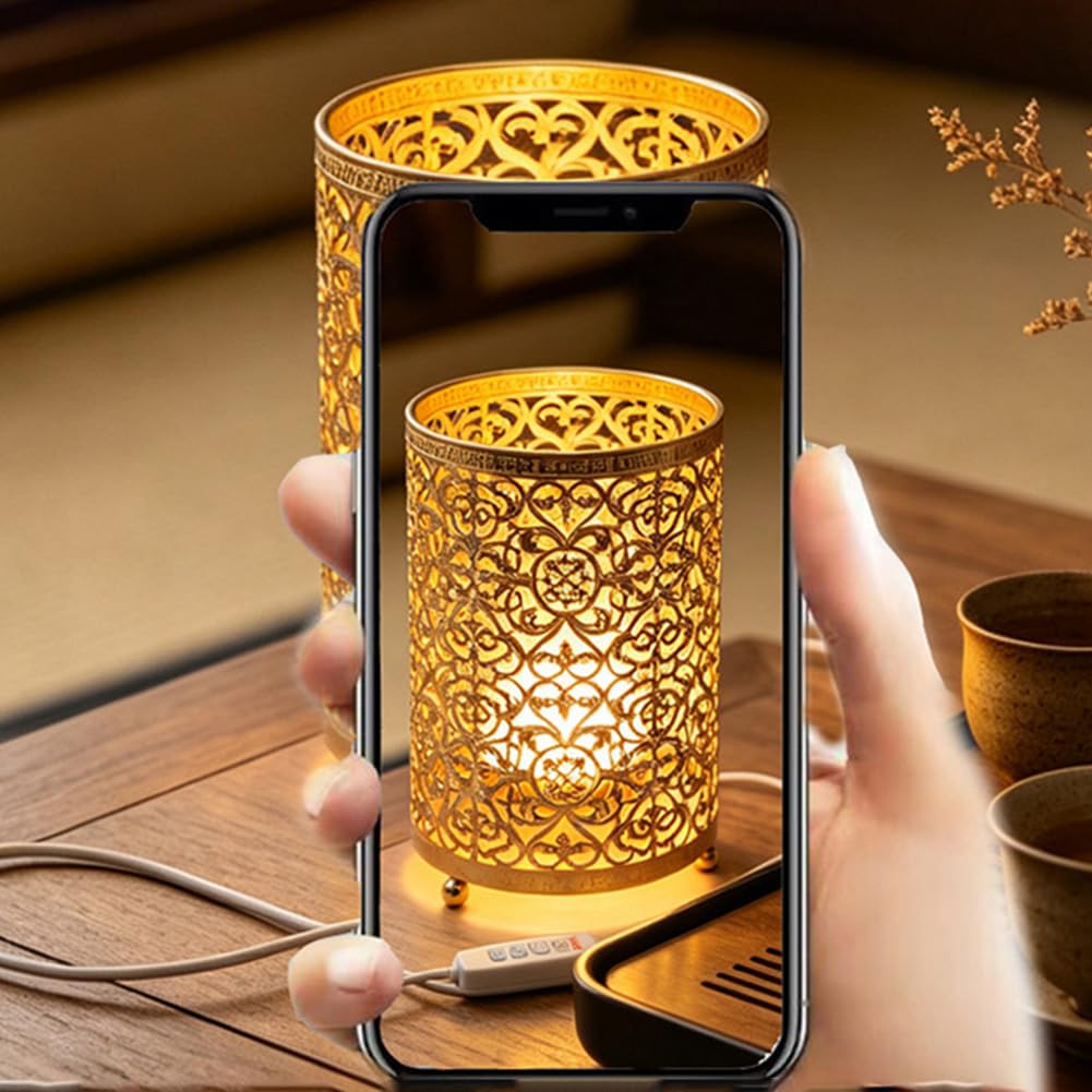 Lampa stołowa w stylu retro, z wtyczką USB, kablem i przełącznikiem, z regulacją jasności, okrągła, metalowa, aluminiowa, do salonu, z ażurowym, grawerowanym wzorem, lampa nocna do salonu